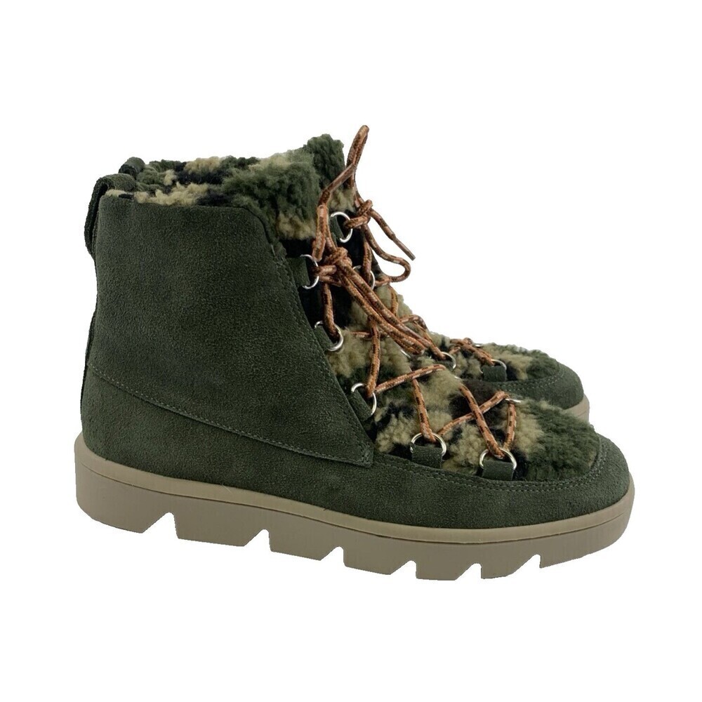 Bernardo Dana Green Suede Ankle Boots Lace Up Camo Faux Fur‎ Lined Womens 6.5